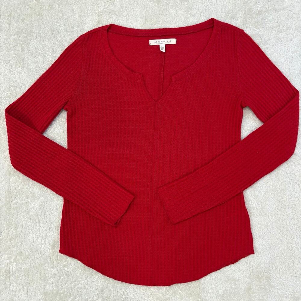 Aeropostale Womens S Red Waffle Knit Thermal Top Notch Neck Long Sleeve Stretch
